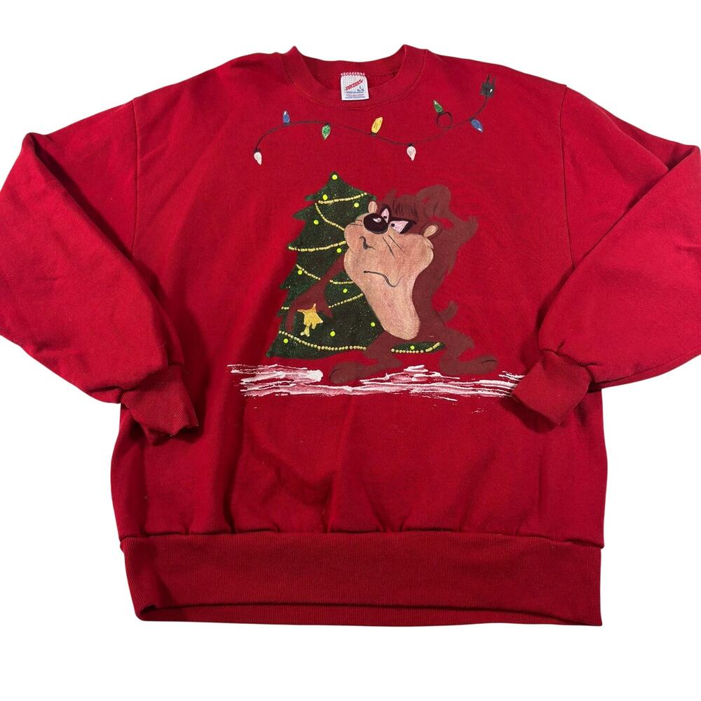 Vintage 90s Looney Tunes Taz Christmas Crewneck Sweatshirt, Red, Size L, USA
